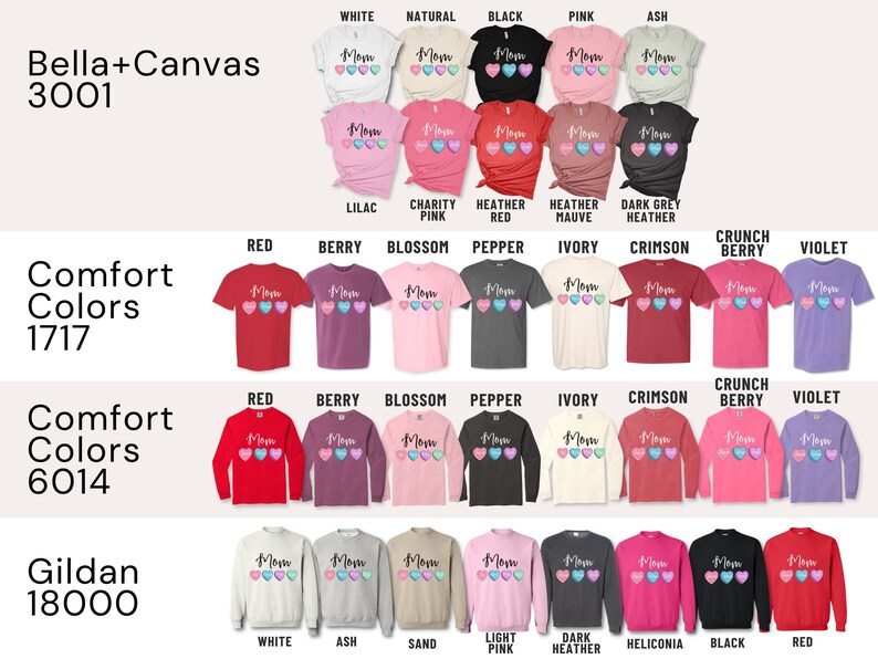 May include: A chart showing different t-shirt and sweatshirt styles and colors available for purchase. The chart includes the brand names Bella+Canvas, Comfort Colors, and Gildan, along with the corresponding product numbers. The chart also includes a variety of colors, including red, berry, blossom, pepper, ivory, crimson, crunch berry, violet, white, natural, black, pink, ash, lilac, charity, heather, mauve, dark grey, and sand.