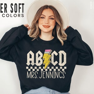 Custom Teacher Sweatshirt Retro ABCD Teacher Name Sweater For Back to School Teacher Appreciation Gift Customized Name Teacher Cute Trendy