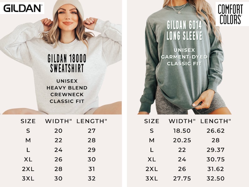 May include: A size chart for Gildan 18000 sweatshirts and Gildan 6014 long sleeve shirts. The chart shows the size, width in inches, and length in inches for each size. The sizes range from S to 3XL.