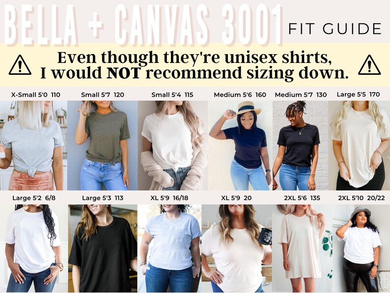 May include: A size chart for Bella + Canvas 3001 unisex t-shirts. The chart shows different sizes and corresponding height and weight ranges. The chart also includes a warning that sizing down is not recommended.