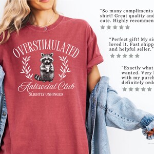 Puede incluir: Camiseta de color carmes&iacute; con la frase "OVERSTIMULATED Antisocial Club SLIGHTLY UNHINGED" y un dibujo de mapache. La camiseta es de cuello redondo y tiene un aspecto vintage. El dise&ntilde;o es blanco.
