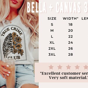 May include: A heather grey t-shirt with a graphic of a ribcage and sunflowers with the text "True Crime Club". The shirt is available in sizes S-3XL with measurements for width and length in inches.