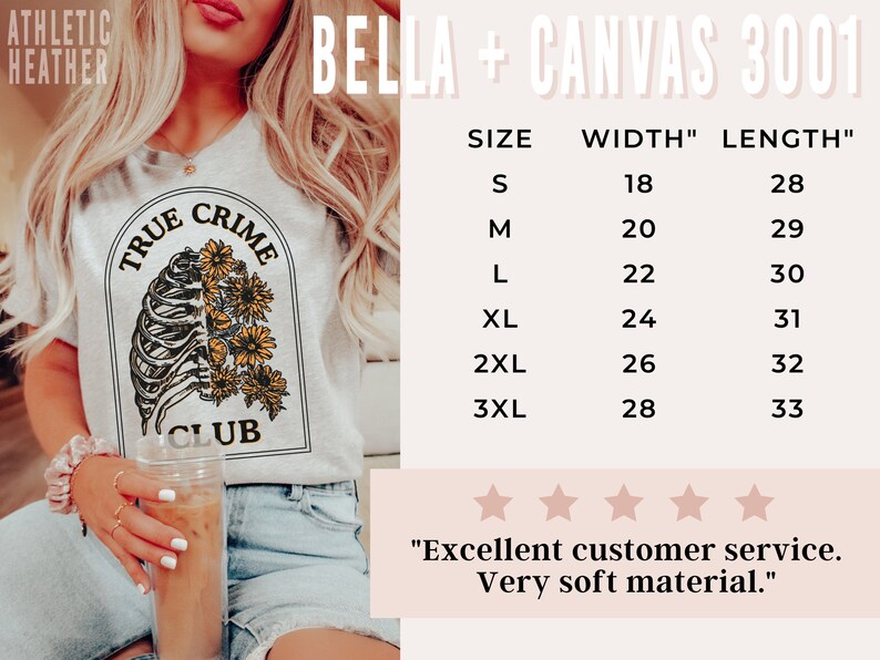 May include: A heather grey t-shirt with a graphic of a ribcage and sunflowers with the text "True Crime Club". The shirt is available in sizes S-3XL with measurements for width and length in inches.