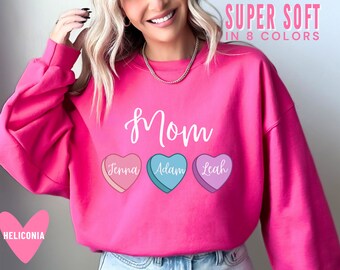 Personalized Mom Valentine's Day Sweatshirt with Kids Names Candy Hearts Mother Sweater for Valentines Day Pink Mama Heart Day Long Sleeve