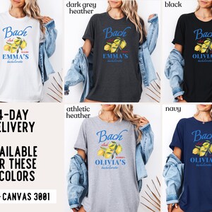 May include: T-shirts in white, dark grey, black, athletic heather, and navy. Each shirt features the text "Bach Club" above a lemon graphic and the name "EMMA'S bachelorette" or "OLIVIA'S bachelorette".