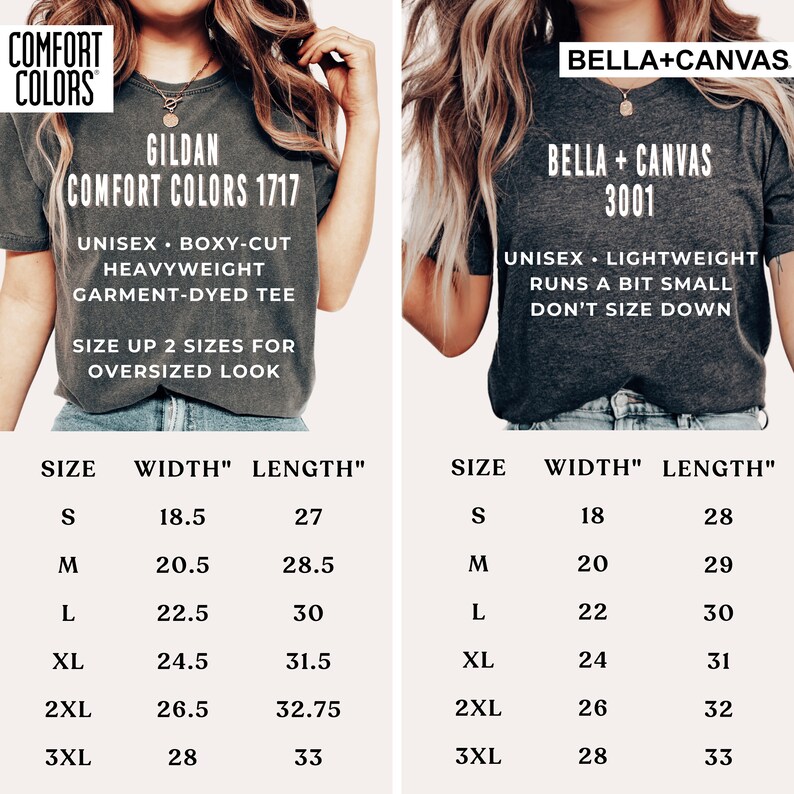K&ouml;nnte beinhalten: Eine Gr&ouml;&szlig;entabelle f&uuml;r zwei verschiedene T-Shirt-Typen. Das Gildan Comfort Colors 1717 ist ein Unisex-T-Shirt mit Boxy-Cut, schwerem Gewicht und Garment-Dye. Das Bella + Canvas 3001 ist ein Unisex-T-Shirt mit leichtem Gewicht, das etwas kleiner ausf&auml;llt. Die Tabelle zeigt die Breite und L&auml;nge jedes T-Shirts in Zoll f&uuml;r die Gr&ouml;&szlig;en S, M, L, XL, 2XL und 3XL.