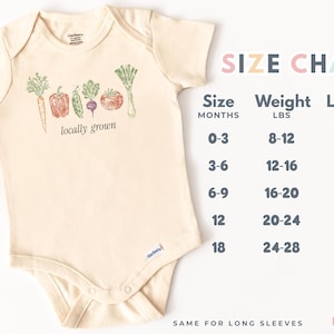 May include: Cream-colored baby onesie with a colorful illustration of vegetables and the words "locally grown." A size chart lists sizes by months, weight in pounds, and length in inches. The brand name "hollis. littles" is at the bottom.