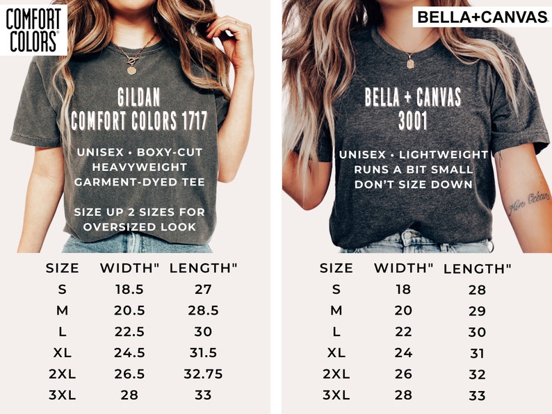 May include: Size chart for two types of t-shirts: Gildan Comfort Colors 1717 and Bella + Canvas 3001. The Gildan shirt is a unisex, boxy-cut, heavyweight, garment-dyed tee. The Bella + Canvas shirt is a unisex, lightweight tee that runs a bit small. Both charts show the size, width in inches, and length in inches.