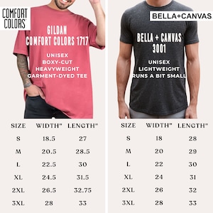 May include: Size chart for two different t-shirt brands: Gildan Comfort Colors 1717 and Bella + Canvas 3001. The Gildan shirt is described as unisex, boxy-cut, heavyweight, and garment-dyed. The Bella + Canvas shirt is described as unisex, lightweight, and runs a bit small. The chart shows the width and length in inches for each size: S, M, L, XL, 2XL, and 3XL.