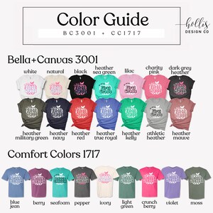 Puede incluir: Carta de colores para las camisetas Bella + Canvas 3001 y Comfort Colors 1717. La carta muestra una variedad de colores para cada marca, incluyendo blanco, negro, gris jaspeado, azul marino, rojo, azul rey, verde kelly, jaspeado deportivo, malva, azul vaquero, baya, verde mar, pimienta, marfil, verde claro, baya crujiente, violeta y musgo.