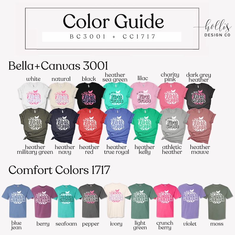 Puede incluir: Carta de colores para las camisetas Bella + Canvas 3001 y Comfort Colors 1717. La carta muestra una variedad de colores para cada marca, incluyendo blanco, negro, gris jaspeado, azul marino, rojo, azul rey, verde kelly, jaspeado deportivo, malva, azul vaquero, baya, verde mar, pimienta, marfil, verde claro, baya crujiente, violeta y musgo.