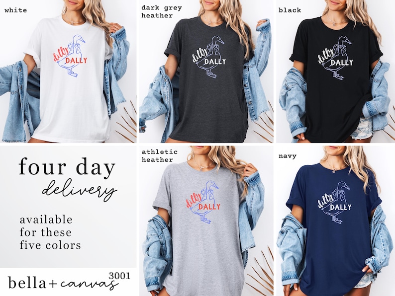 May include: Five different coloured t-shirts: white, dark grey heather, black, athletic heather, and navy. Each shirt has a duck graphic with the words "dilly dally". The shirts are from Bella + Canvas.