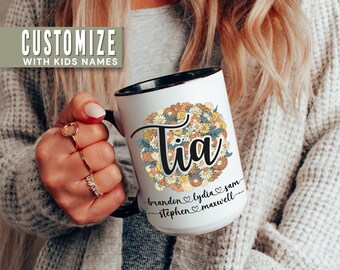 Tia Mug With Kids Names Personalized Tia Floral Coffee Mug Custom Tia Gift Children Names Cup Flower Tia Custom Kid dia de la Madre Tia Gift