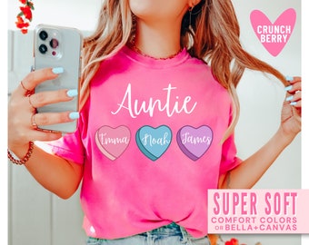 Valentine's Day Auntie Shirt Heart Candy with Niece and Nephews Kids Names Personalized Aunt Pink Trendy Sweatshirts for Valentines