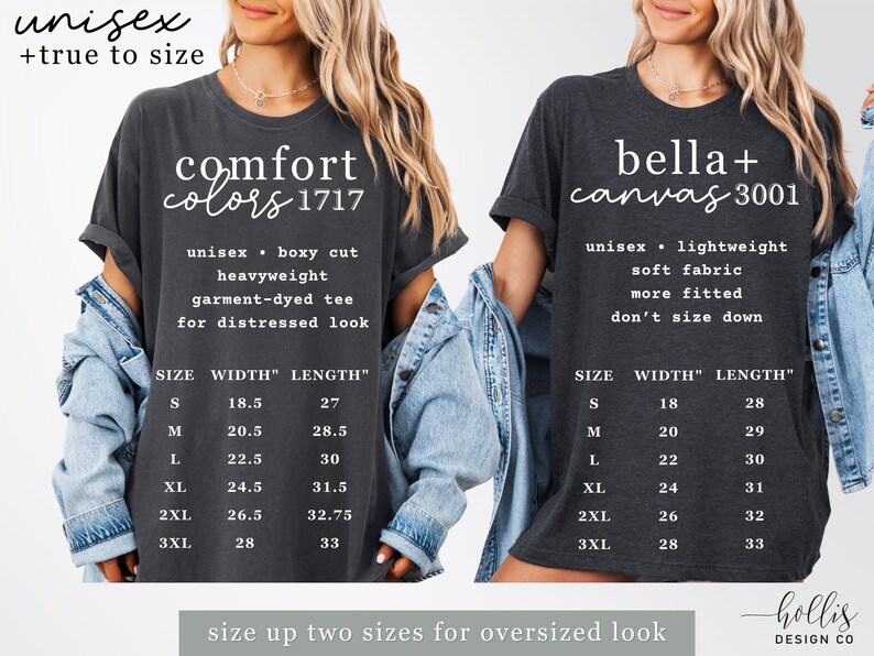 Puede incluir: Dos camisetas unisex de color gris oscuro con texto blanco y tablas de tallas. Una camiseta dice "Comfort Colors 1717" y la otra "bella + canvas 3001". Las camisetas se describen como pesadas y ligeras, respectivamente.