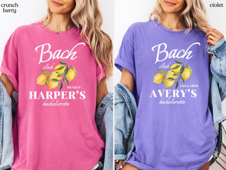 May include: Two t-shirts, one in a vibrant pink and the other in violet, each featuring a white graphic. The graphic includes the text "Bach club" above a lemon illustration and the text "Harper's bachelorette" and "Avery's bachelorette".