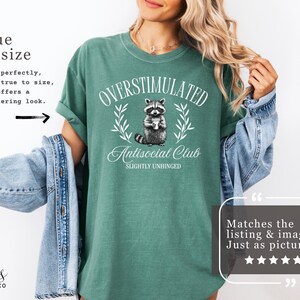 Puede incluir: Camiseta verde claro con el texto "OVERSTIMULATED Antisocial Club SLIGHTLY UNHINGED" y un gr&aacute;fico de mapache. La camiseta es de corte holgado y tiene las mangas enrolladas. Tambi&eacute;n es visible el texto "true to size".