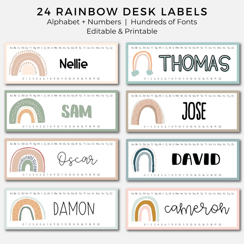 Classroom Rainbow Desk Labels Alphabet Numbers EDITABLE Etsy