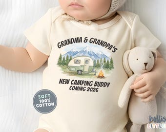 Custom Camping Buddy Baby ONESIE® Pregnancy Announcement Onesies® Personalized Baby Reveal Grandparent Announcement New Uncle Auntie Onesie