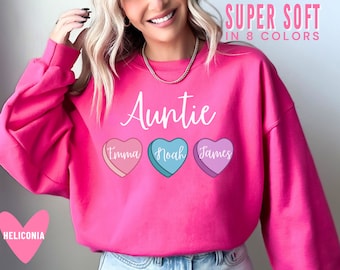 Valentine's Day Auntie Sweatshirt Heart Candy with Niece and Nephews Kids Names Personalized Aunt Pink Trendy Sweater for Valentines Tee