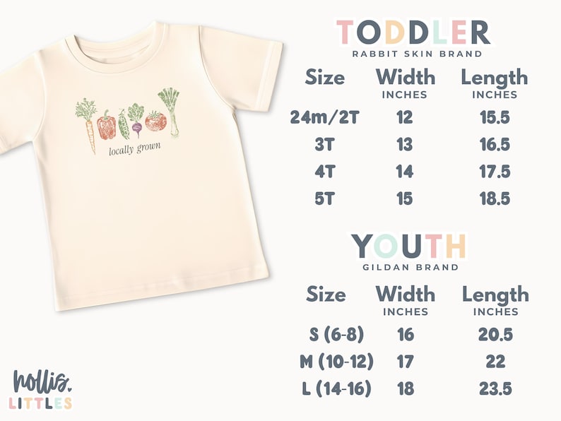 May include: Cream-colored toddler t-shirt with a colorful illustration of vegetables and the text "locally grown." Size chart for toddler and youth sizes is included. The shirt is from the Rabbit Skin and Gildan brands.