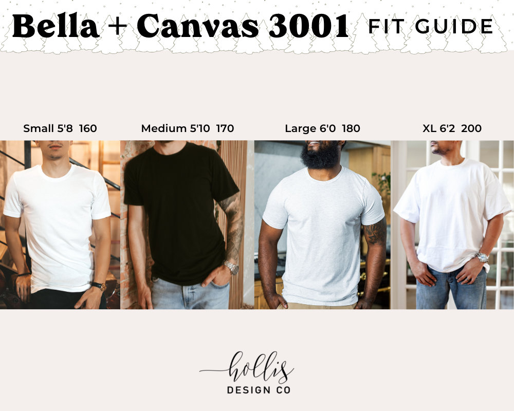 May include: Fit guide for Bella + Canvas 3001 t-shirts, showing four models wearing different sizes: Small (173 cm, 73 kg), Medium (178 cm, 77 kg), Large (183 cm, 82 kg), and XL (188 cm, 91 kg).
