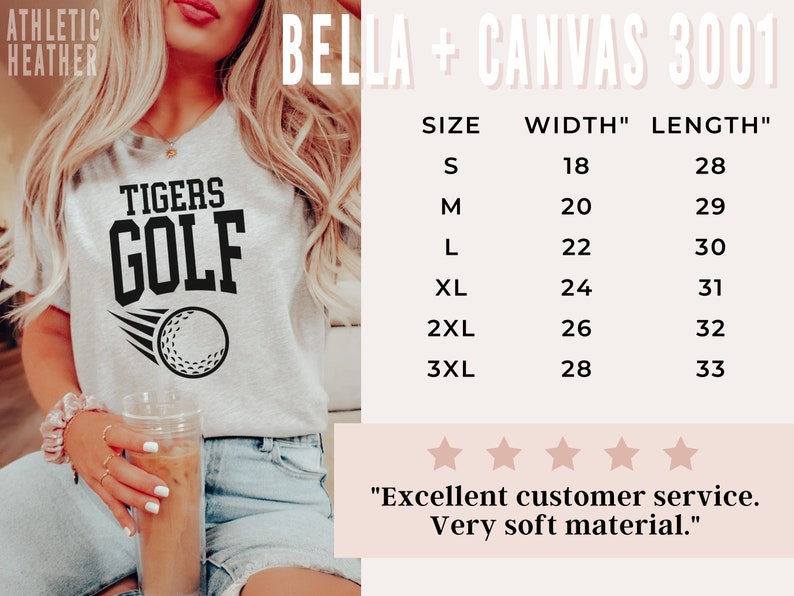 May include: Grey heather athletic t-shirt with black text that reads "TIGERS GOLF" and a golf ball graphic. Size chart with measurements in inches. "Excellent customer service. Very soft material."