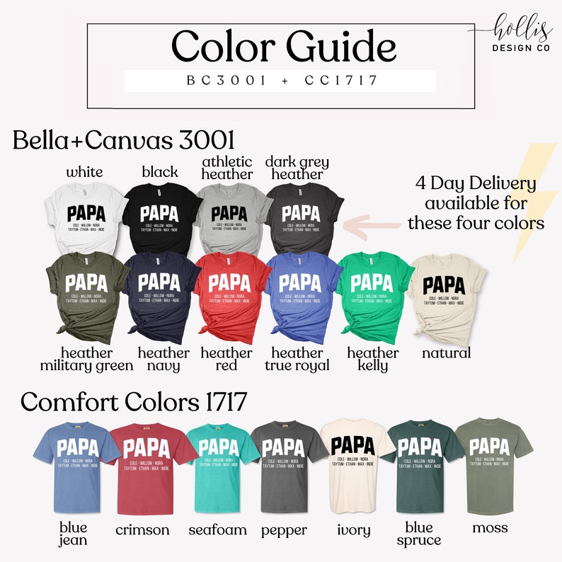 May include: A color guide for Bella + Canvas 3001 and Comfort Colors 1717 t-shirts. The guide shows the different colors available for each brand, including white, black, heather, red, navy, kelly, natural, blue jean, crimson, seafoam, pepper, ivory, and moss.