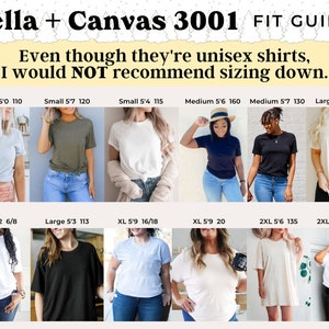 May include: A size chart for Bella + Canvas 3001 unisex t-shirts. The chart shows different sizes and corresponding heights and weights. The chart also includes a warning that sizing down is not recommended.