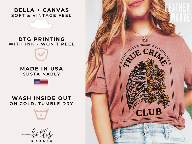 May include: A heather mauve t-shirt with a graphic of a ribcage with flowers and the text "True Crime Club".