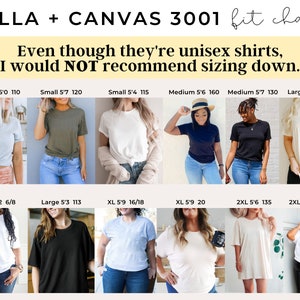 Op de afbeelding: Een maattabel voor Bella + Canvas 3001 unisex T-shirts. De tabel toont verschillende maten en de bijbehorende lengtes en gewichten. De tabel bevat ook een waarschuwing dat het niet wordt aanbevolen om een maat kleiner te bestellen.