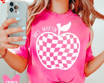 Custom Teacher Shirt Teacher Shirt Pink Trendy Teacher Appreciation Gifts Retro Apple Teacher Name T Shirt Personalized Checker from Student
