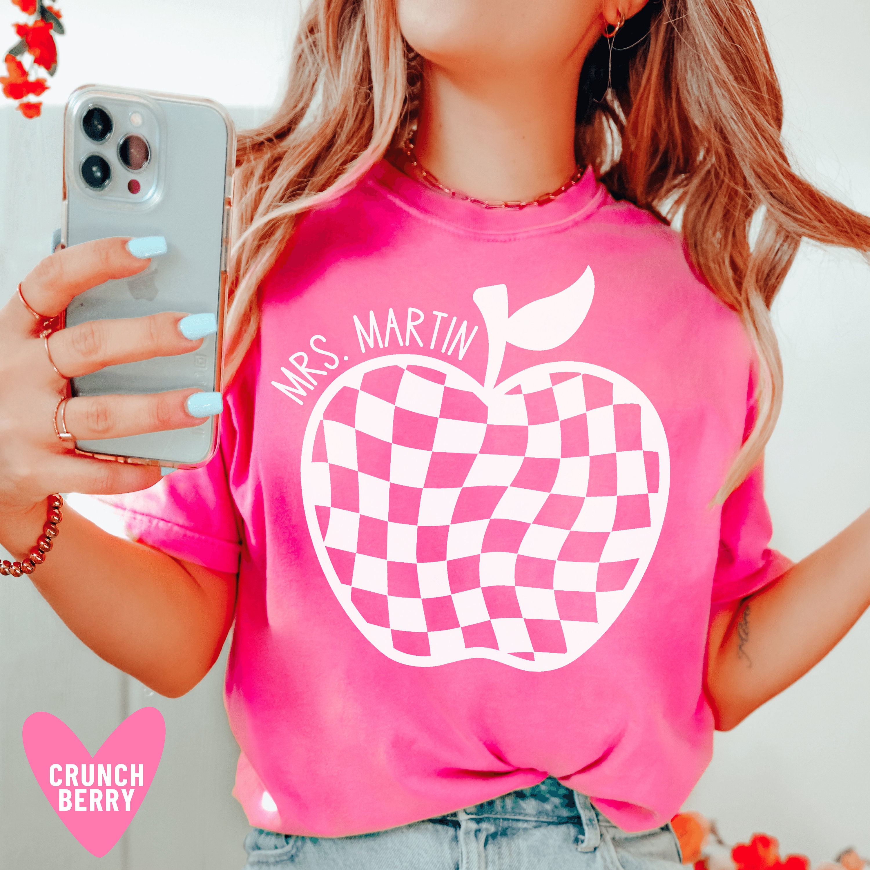 Custom Teacher Shirt Teacher Shirt Pink Trendy Teacher Appreciation Gifts Retro Apple Teacher Name T Shirt Personalized Checker from Student