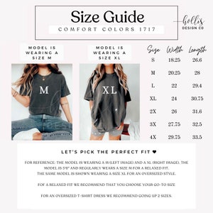 Op de afbeelding: Maattabel voor een T-shirt met afmetingen in inches. De tabel toont de breedte en lengte van het T-shirt in de maten S, M, L, XL, 2X, 3X en 4X. Het model draagt een T-shirt in maat M en een T-shirt in maat XL. De tekst "Let's pick the perfect fit" wordt weergegeven met een hartpictogram.