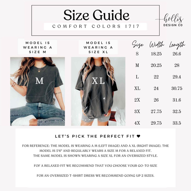 Op de afbeelding: Maattabel voor een T-shirt met afmetingen in inches. De tabel toont de breedte en lengte van het T-shirt in de maten S, M, L, XL, 2X, 3X en 4X. Het model draagt een T-shirt in maat M en een T-shirt in maat XL. De tekst "Let's pick the perfect fit" wordt weergegeven met een hartpictogram.
