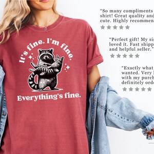 Puede incluir: Camiseta de color rojo carmes&iacute; con la frase "It's fine. I'm fine. Everything's fine." y un gr&aacute;fico de un mapache sosteniendo un gato. La camiseta tiene un ajuste c&oacute;modo y un aspecto desgastado.