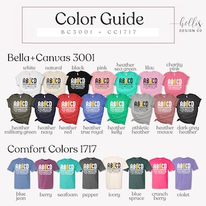 Pu&ograve; includere: Guida colori per le t-shirt Bella + Canvas 3001 e Comfort Colors 1717. L'immagine mostra una variet&agrave; di colori per ogni marchio, tra cui bianco, nero, rosa, verde mare melange, lilla, rosa carit&agrave;, verde militare melange, blu navy melange, rosso melange, blu reale melange, kelly melange, melange atletico, melange malva, grigio scuro melange, blu jeans, bacca, schiuma di mare, pepe, avorio, blu abete, bacca croccante e viola.