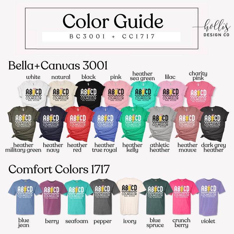 Pu&ograve; includere: Guida colori per le t-shirt Bella + Canvas 3001 e Comfort Colors 1717. L'immagine mostra una variet&agrave; di colori per ogni marchio, tra cui bianco, nero, rosa, verde mare melange, lilla, rosa carit&agrave;, verde militare melange, blu navy melange, rosso melange, blu reale melange, kelly melange, melange atletico, melange malva, grigio scuro melange, blu jeans, bacca, schiuma di mare, pepe, avorio, blu abete, bacca croccante e viola.