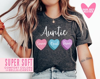 Valentine's Day Auntie Shirt Heart Candy with Niece and Nephews Kids Names Personalized Aunt Pink Trendy Sweatshirts for Valentines