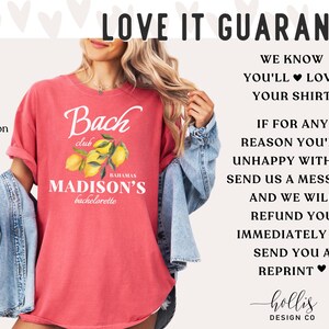 May include: A watermelon-colored t-shirt with the text "Bach club BAHAMAS MADISON'S bachelorette" and a lemon graphic. The shirt has rolled-up sleeves and is part of a bachelorette party theme.