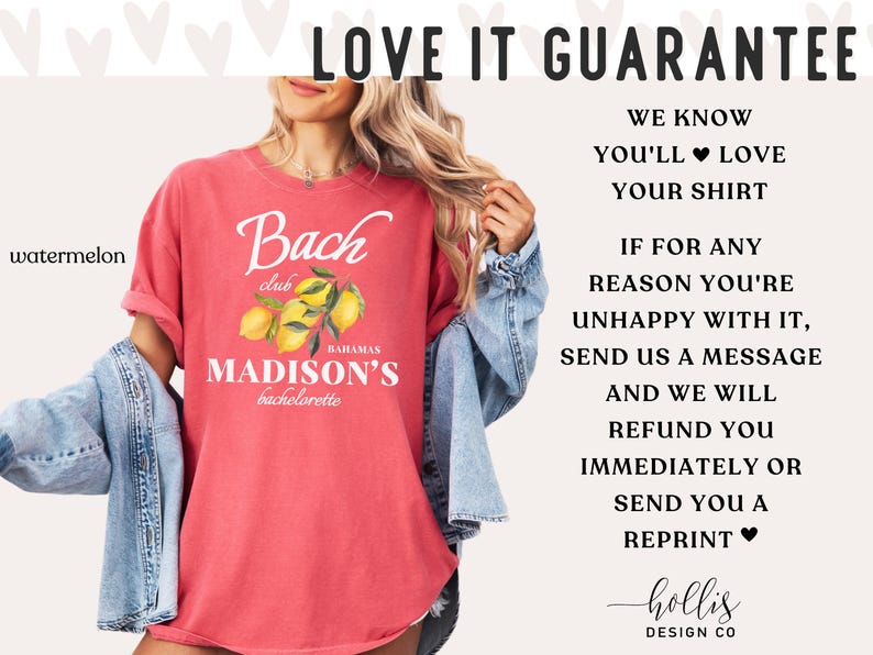May include: A watermelon-colored t-shirt with the text "Bach club BAHAMAS MADISON'S bachelorette" and a lemon graphic. The shirt has rolled-up sleeves and is part of a bachelorette party theme.