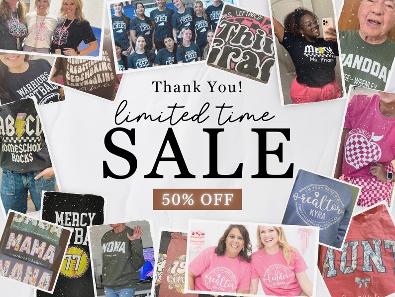 Puede incluir: Un collage de varias camisetas con dise&ntilde;os gr&aacute;ficos y texto, incluyendo "Warriors Football", "Homeschool Rocks" y "Mama Nana". La imagen tambi&eacute;n presenta el texto "Thank You! Limited Time Sale 50% Off".
