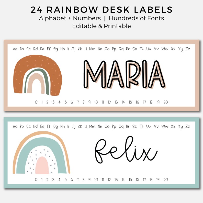 Classroom Rainbow Desk Labels Alphabet Numbers EDITABLE Etsy