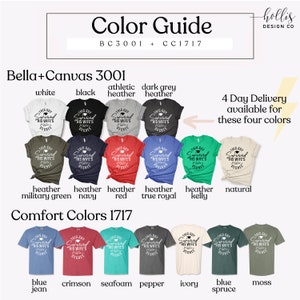 Peut inclure: Guide des couleurs pour les t-shirts Bella+Canvas 3001 et Comfort Colors 1717. Le guide pr&eacute;sente les diff&eacute;rentes couleurs disponibles pour chaque marque, notamment le blanc, le noir, le chin&eacute;, le rouge, le marine, le bleu roi, le vert kelly, le naturel, le bleu jean, le rouge cramoisi, le vert d'eau, le poivre, l'ivoire, le bleu sapin et le mousse.