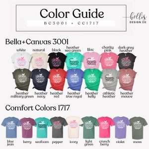 K&ouml;nnte beinhalten: Farbguide f&uuml;r Bella + Canvas 3001 und Comfort Colors 1717 T-Shirts. Das Bild zeigt eine Vielzahl von Farben f&uuml;r jede Marke, darunter Wei&szlig;, Schwarz, Grau meliert, Rot, Blau, Gr&uuml;n und mehr. Der Text "Fourth Grade" ist auf jedem Shirt gedruckt.