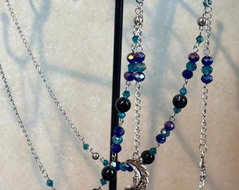 Brillenketting van blauwe goudsteen met kristallen kralen, handgemaakt elegant accessoire voor leesbril