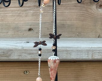 Zonnesteen en roze opaal kristallen slinger, cadeau voor waarzeggerij, genezing en meditatie