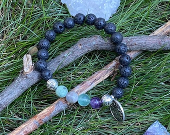 Pulsera de cristal Piscis: amatista, fluorita, labradorita y turquesa.