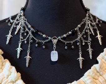 Ridderlijke onyx, zwarte jaspis en bergkristalketting, handgemaakte fantasiesieraden