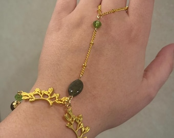 Handketting bosnimf tijgerogen en serpentijn, mystiek handaccessoire